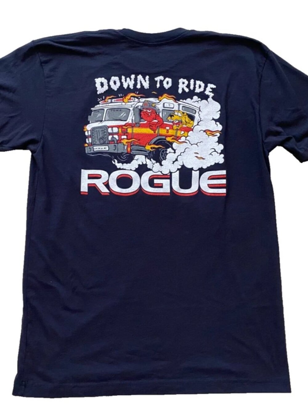 Rogue Fitness Down to Ride Firefighter Navy Blue T-Shirt Men's Size Large L